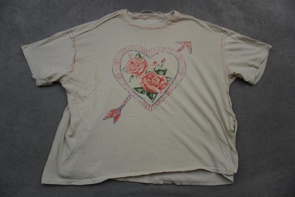 We The Free People Love Rose Tee White Combo T-Shirt Oversized Heart Slouchy OS